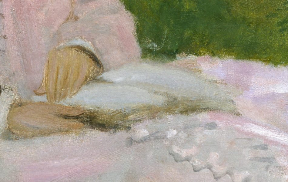 Close-up detail of the book in Springtime by Claude Monet, showing Camille Monet absorbed in reading beneath the lilac trees.